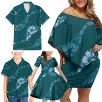 Aloha Hawaii Floral Tapa Family Matching Off Shoulder Short Dress and Hawaiian Shirt Patchwork Teal LT7 - Polynesian Pride