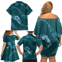 Aloha Hawaii Floral Tapa Family Matching Off Shoulder Short Dress and Hawaiian Shirt Patchwork Teal LT7 - Polynesian Pride