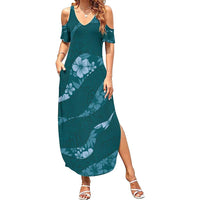 Aloha Hawaii Floral Tapa Family Matching Summer Maxi Dress and Hawaiian Shirt Patchwork Teal LT7 Mom's Dress Teal - Polynesian Pride