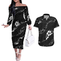 Aloha Hawaii Floral Tapa Couples Matching Off The Shoulder Long Sleeve Dress and Hawaiian Shirt Patchwork Charcoal LT7 Charcoal - Polynesian Pride