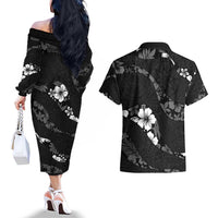 Aloha Hawaii Floral Tapa Couples Matching Off The Shoulder Long Sleeve Dress and Hawaiian Shirt Patchwork Charcoal LT7 - Polynesian Pride