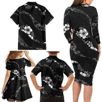 Aloha Hawaii Floral Tapa Family Matching Long Sleeve Bodycon Dress and Hawaiian Shirt Patchwork Charcoal LT7 - Polynesian Pride