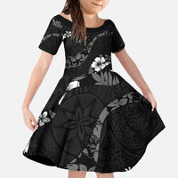 Aloha Hawaii Floral Tapa Family Matching Off The Shoulder Long Sleeve Dress and Hawaiian Shirt Patchwork Charcoal LT7 Daughter's Dress Charcoal - Polynesian Pride