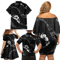 Aloha Hawaii Floral Tapa Family Matching Off Shoulder Short Dress and Hawaiian Shirt Patchwork Charcoal LT7 - Polynesian Pride