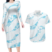 Aloha Hawaii Floral Tapa Couples Matching Long Sleeve Bodycon Dress and Hawaiian Shirt Patchwork Turquoise LT7 Turquoise - Polynesian Pride
