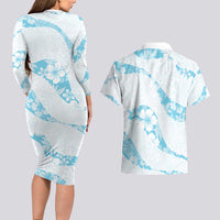 Aloha Hawaii Floral Tapa Couples Matching Long Sleeve Bodycon Dress and Hawaiian Shirt Patchwork Turquoise LT7 - Polynesian Pride