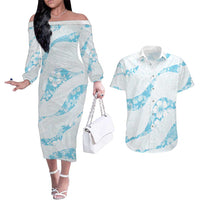 Aloha Hawaii Floral Tapa Couples Matching Off The Shoulder Long Sleeve Dress and Hawaiian Shirt Patchwork Turquoise LT7 Turquoise - Polynesian Pride