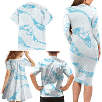 Aloha Hawaii Floral Tapa Family Matching Long Sleeve Bodycon Dress and Hawaiian Shirt Patchwork Turquoise LT7 - Polynesian Pride