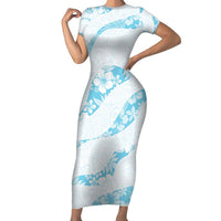 Aloha Hawaii Floral Tapa Family Matching Short Sleeve Bodycon Dress and Hawaiian Shirt Patchwork Turquoise LT7 Mom's Dress Turquoise - Polynesian Pride