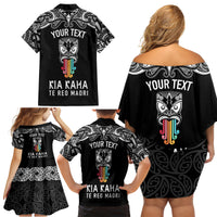 Personalised Kia Kaha Te Reo Maori Family Matching Off Shoulder Short Dress and Hawaiian Shirt Hei Tiki Mix Koru - Black LT7 - Polynesian Pride