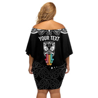 Personalised Kia Kaha Te Reo Maori Family Matching Off Shoulder Short Dress and Hawaiian Shirt Hei Tiki Mix Koru - Black LT7 - Polynesian Pride
