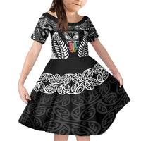 Personalised Kia Kaha Te Reo Maori Family Matching Short Sleeve Bodycon Dress and Hawaiian Shirt Hei Tiki Mix Koru - Black LT7 Daughter's Dress Black - Polynesian Pride