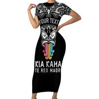 Personalised Kia Kaha Te Reo Maori Family Matching Short Sleeve Bodycon Dress and Hawaiian Shirt Hei Tiki Mix Koru - Black LT7 Mom's Dress Black - Polynesian Pride