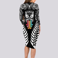 Personalised Kia Kaha Te Reo Maori Long Sleeve Bodycon Dress Hei Tiki Mix Koru - Black LT7 - Polynesian Pride