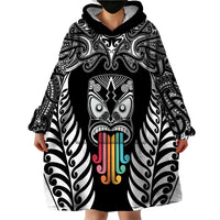 Personalised Kia Kaha Te Reo Maori Wearable Blanket Hoodie Hei Tiki Mix Koru - Black LT7 - Polynesian Pride