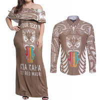 Personalised Kia Kaha Te Reo Maori Couples Matching Off Shoulder Maxi Dress and Long Sleeve Button Shirts Hei Tiki Mix Koru - Brown LT7 Brown - Polynesian Pride