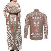 Personalised Kia Kaha Te Reo Maori Couples Matching Off Shoulder Maxi Dress and Long Sleeve Button Shirts Hei Tiki Mix Koru - Brown LT7 - Polynesian Pride