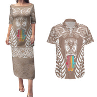 Personalised Kia Kaha Te Reo Maori Couples Matching Puletasi Dress and Hawaiian Shirt Hei Tiki Mix Koru - Brown LT7 Brown - Polynesian Pride
