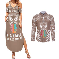 Personalised Kia Kaha Te Reo Maori Couples Matching Summer Maxi Dress and Long Sleeve Button Shirts Hei Tiki Mix Koru - Brown LT7 Brown - Polynesian Pride
