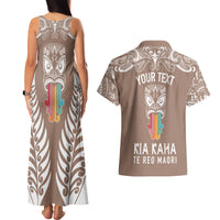 Personalised Kia Kaha Te Reo Maori Couples Matching Tank Maxi Dress and Hawaiian Shirt Hei Tiki Mix Koru - Brown LT7 - Polynesian Pride