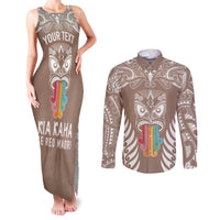 Personalised Kia Kaha Te Reo Maori Couples Matching Tank Maxi Dress and Long Sleeve Button Shirts Hei Tiki Mix Koru - Brown LT7 Brown - Polynesian Pride