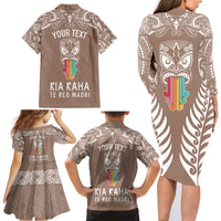 Personalised Kia Kaha Te Reo Maori Family Matching Long Sleeve Bodycon Dress and Hawaiian Shirt Hei Tiki Mix Koru - Brown LT7 - Polynesian Pride