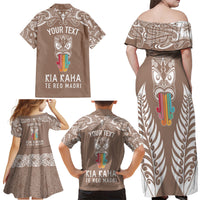 Personalised Kia Kaha Te Reo Maori Family Matching Off Shoulder Long Sleeve Dress and Hawaiian Shirt Hei Tiki Mix Koru - Brown LT7 - Polynesian Pride