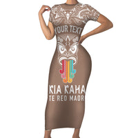 Personalised Kia Kaha Te Reo Maori Family Matching Short Sleeve Bodycon Dress and Hawaiian Shirt Hei Tiki Mix Koru - Brown LT7 Mom's Dress Brown - Polynesian Pride