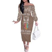 Personalised Kia Kaha Te Reo Maori Off The Shoulder Long Sleeve Dress Hei Tiki Mix Koru - Brown LT7 Women Brown - Polynesian Pride