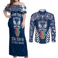 Personalised Kia Kaha Te Reo Maori Couples Matching Off Shoulder Maxi Dress and Long Sleeve Button Shirts Hei Tiki Mix Koru - Navy Blue LT7 Navy - Polynesian Pride