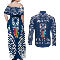 Personalised Kia Kaha Te Reo Maori Couples Matching Off Shoulder Maxi Dress and Long Sleeve Button Shirts Hei Tiki Mix Koru - Navy Blue LT7 - Polynesian Pride