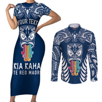 Personalised Kia Kaha Te Reo Maori Couples Matching Short Sleeve Bodycon Dress and Long Sleeve Button Shirts Hei Tiki Mix Koru - Navy Blue LT7 Navy - Polynesian Pride