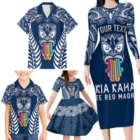 Personalised Kia Kaha Te Reo Maori Family Matching Long Sleeve Bodycon Dress and Hawaiian Shirt Hei Tiki Mix Koru - Navy Blue LT7 - Polynesian Pride