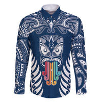 Personalised Kia Kaha Te Reo Maori Family Matching Long Sleeve Bodycon Dress and Hawaiian Shirt Hei Tiki Mix Koru - Navy Blue LT7 Dad's Shirt - Long Sleeve Navy - Polynesian Pride
