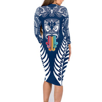 Personalised Kia Kaha Te Reo Maori Family Matching Long Sleeve Bodycon Dress and Hawaiian Shirt Hei Tiki Mix Koru - Navy Blue LT7 - Polynesian Pride
