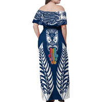 Personalised Kia Kaha Te Reo Maori Family Matching Off Shoulder Maxi Dress and Hawaiian Shirt Hei Tiki Mix Koru - Navy Blue LT7 - Polynesian Pride