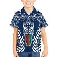 Personalised Kia Kaha Te Reo Maori Family Matching Off Shoulder Short Dress and Hawaiian Shirt Hei Tiki Mix Koru - Navy Blue LT7 Son's Shirt Navy - Polynesian Pride