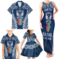 Personalised Kia Kaha Te Reo Maori Family Matching Tank Maxi Dress and Hawaiian Shirt Hei Tiki Mix Koru - Navy Blue LT7 - Polynesian Pride