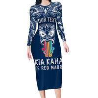 Personalised Kia Kaha Te Reo Maori Long Sleeve Bodycon Dress Hei Tiki Mix Koru - Navy Blue LT7 Long Dress Navy - Polynesian Pride