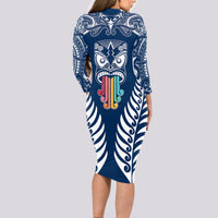 Personalised Kia Kaha Te Reo Maori Long Sleeve Bodycon Dress Hei Tiki Mix Koru - Navy Blue LT7 - Polynesian Pride