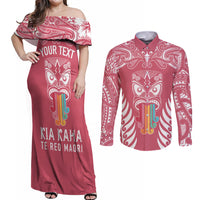 Personalised Kia Kaha Te Reo Maori Couples Matching Off Shoulder Maxi Dress and Long Sleeve Button Shirts Hei Tiki Mix Koru - Pink LT7 Pink - Polynesian Pride