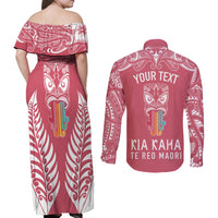 Personalised Kia Kaha Te Reo Maori Couples Matching Off Shoulder Maxi Dress and Long Sleeve Button Shirts Hei Tiki Mix Koru - Pink LT7 - Polynesian Pride