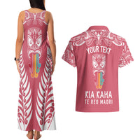 Personalised Kia Kaha Te Reo Maori Couples Matching Tank Maxi Dress and Hawaiian Shirt Hei Tiki Mix Koru - Pink LT7 - Polynesian Pride