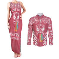 Personalised Kia Kaha Te Reo Maori Couples Matching Tank Maxi Dress and Long Sleeve Button Shirts Hei Tiki Mix Koru - Pink LT7 Pink - Polynesian Pride