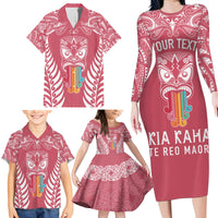 Personalised Kia Kaha Te Reo Maori Family Matching Long Sleeve Bodycon Dress and Hawaiian Shirt Hei Tiki Mix Koru - Pink LT7 - Polynesian Pride