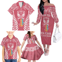 Personalised Kia Kaha Te Reo Maori Family Matching Off Shoulder Long Sleeve Dress and Hawaiian Shirt Hei Tiki Mix Koru - Pink LT7 - Polynesian Pride