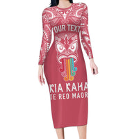 Personalised Kia Kaha Te Reo Maori Long Sleeve Bodycon Dress Hei Tiki Mix Koru - Pink LT7 Long Dress Pink - Polynesian Pride