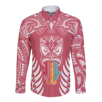 Personalised Kia Kaha Te Reo Maori Long Sleeve Button Shirt Hei Tiki Mix Koru - Pink LT7 Unisex Pink - Polynesian Pride