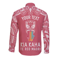 Personalised Kia Kaha Te Reo Maori Long Sleeve Button Shirt Hei Tiki Mix Koru - Pink LT7 - Polynesian Pride