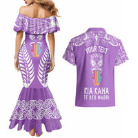 Personalised Kia Kaha Te Reo Maori Couples Matching Mermaid Dress and Hawaiian Shirt Hei Tiki Mix Koru - Purple LT7 - Polynesian Pride